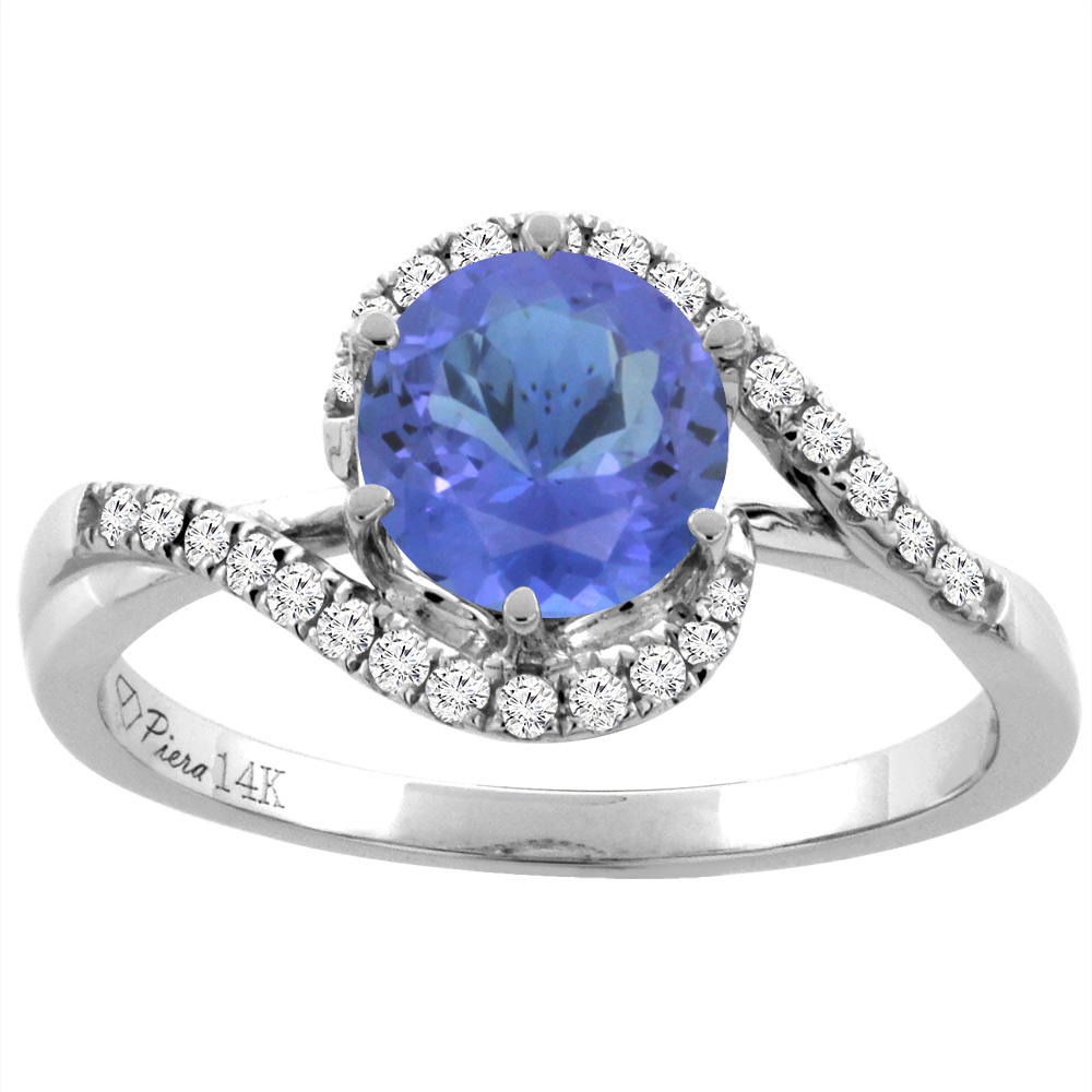 14K White Gold Diamond Natural Tanzanite Bypass Engagement Ring Round 7 mm, sizes 5-10