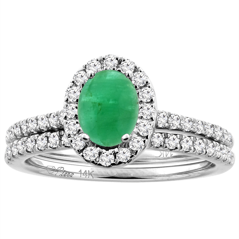 14K White/Yellow Gold Diamond Halo Natural Cabochon Emerald 2pc Engagement Ring Set Oval 7x5 mm, sizes 5-10