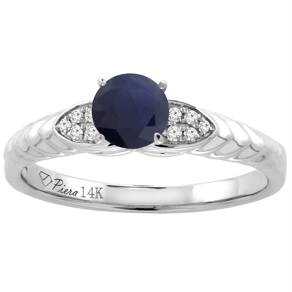 14K White Gold Diamond Natural Quality Blue Sapphire Engagement Ring Round 5 mm, size 5-10