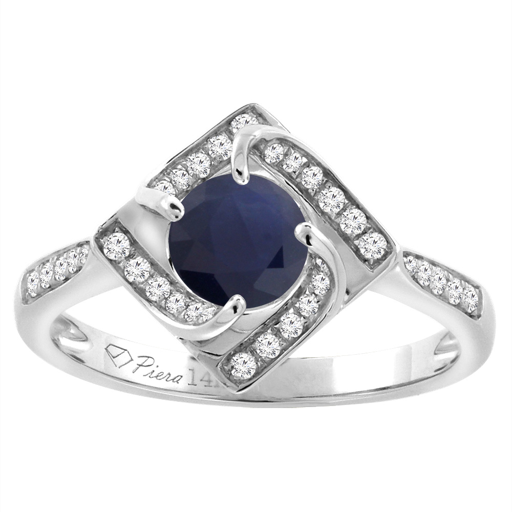 14K White Gold Diamond Natural Quality Blue Sapphire Engagement Ring Round 7 mm, size 5-10