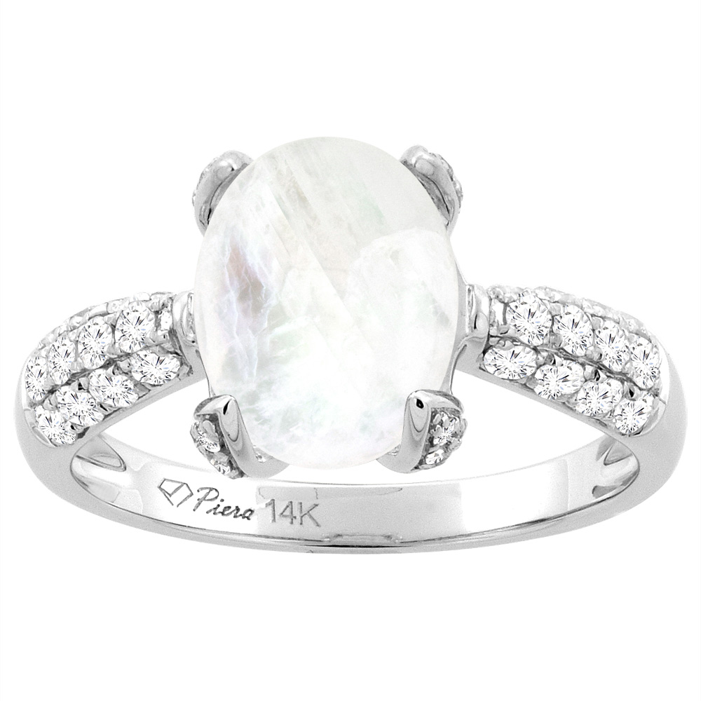 14K White Gold Natural Rainbow Moonstone Engagement Ring Oval 16x12 mm &amp; Diamond Accents, sizes 5 - 10