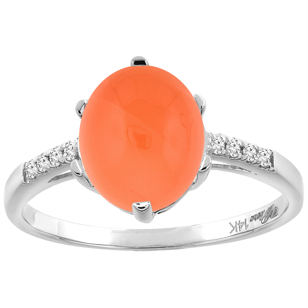 14K White Gold Natural Orange Moonstone &amp; Diamond Ring Oval 10x8 mm, sizes 5-10
