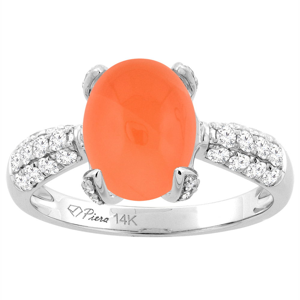 14K White Gold Natural Orange Moonstone Engagement Ring Oval 10x8 mm & Diamond Accents, sizes 5 - 10