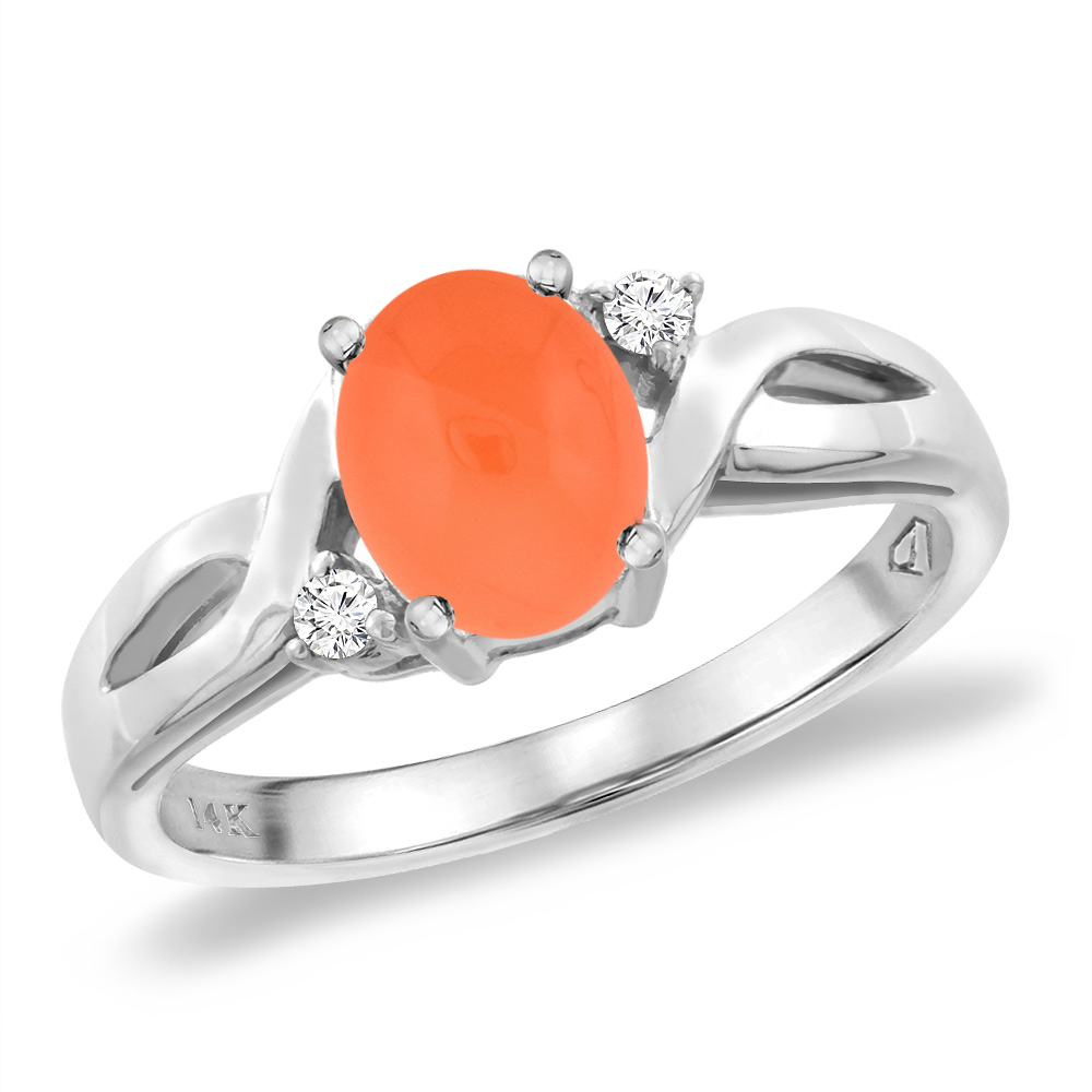 14K White Gold Diamond Natural Orange Moonstone Engagement Ring Oval 8x6 mm, sizes 5 -10