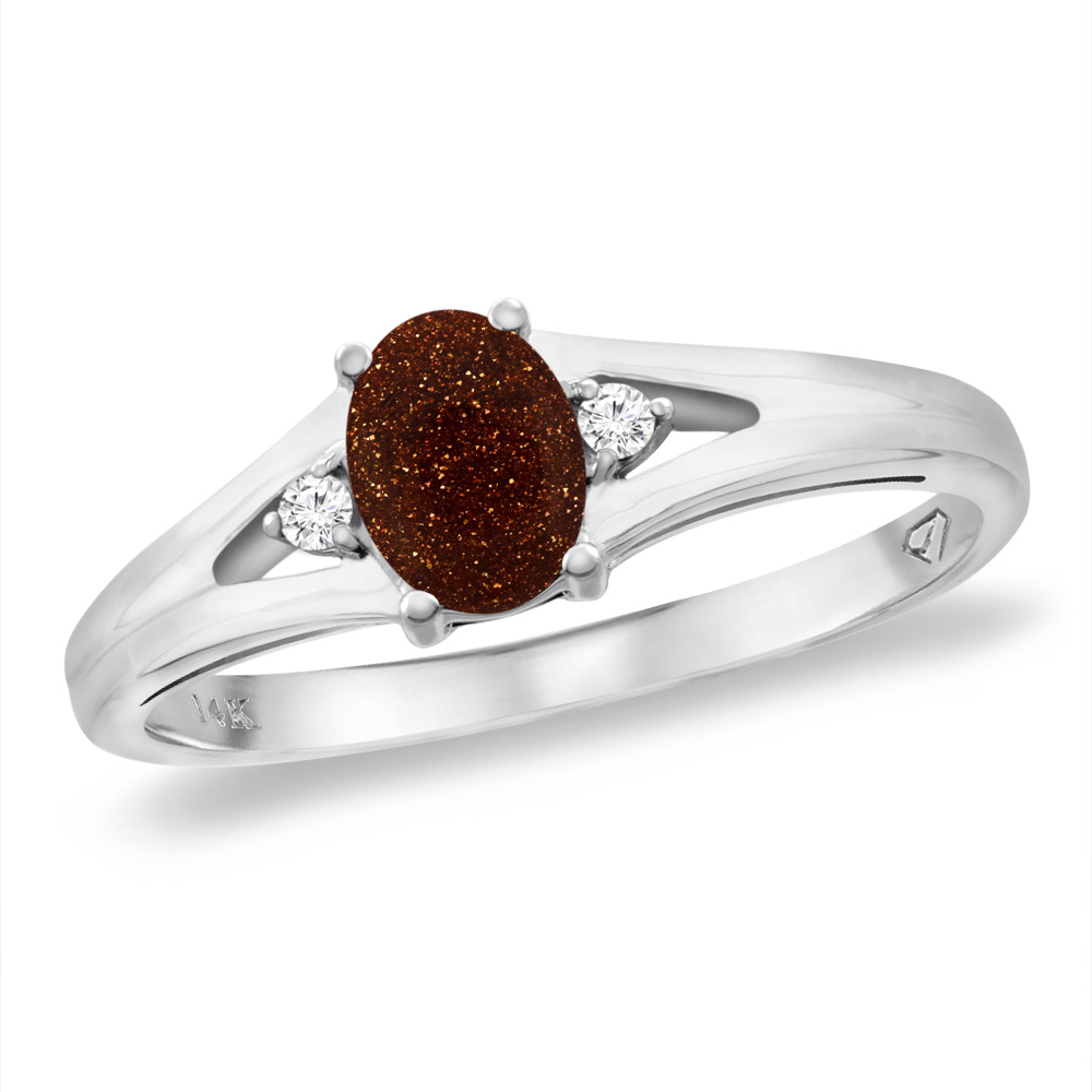 14K White Gold Diamond Natural Goldstone Engagement Ring Oval 6x4 mm, sizes 5 -10