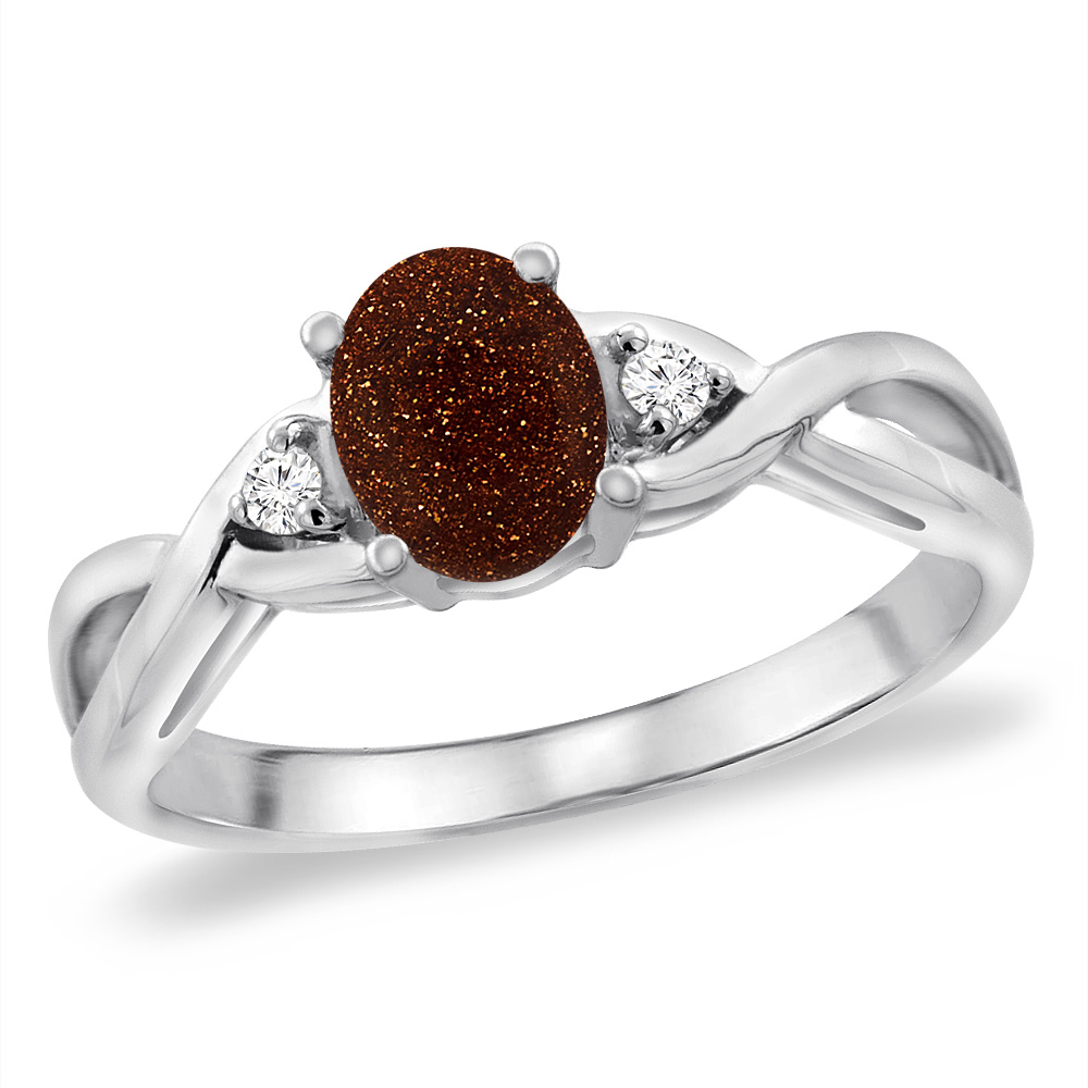 14K White Gold Diamond Natural Goldstone Infinity Engagement Ring Oval 7x5 mm, sizes 5 -10