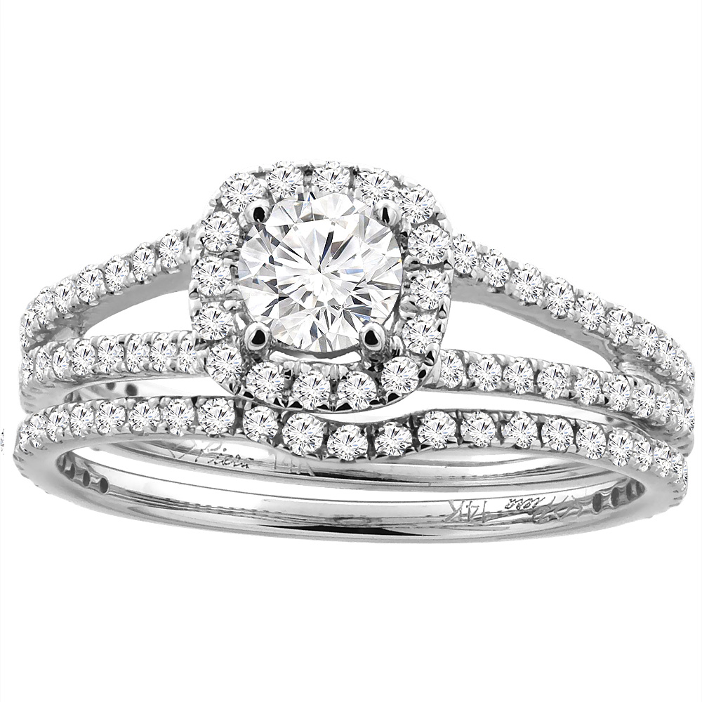 14K White Gold Cubic Zirconia 2pc Halo Engagement Ring Set Round 1.27 cttw, sizes 5 - 10