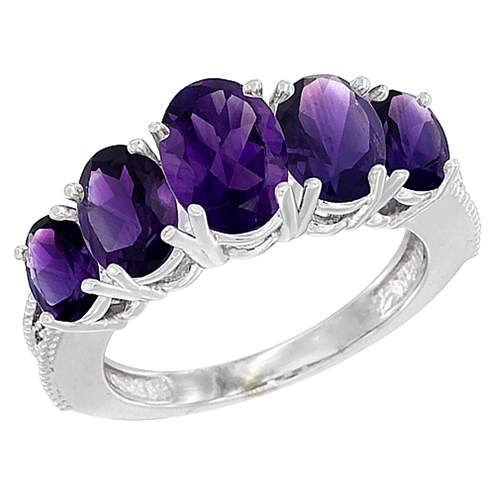 14K White Gold Diamond Natural Amethyst Ring 5-stone Oval 8x6 Ctr,7x5,6x4 sides, sizes 5 - 10