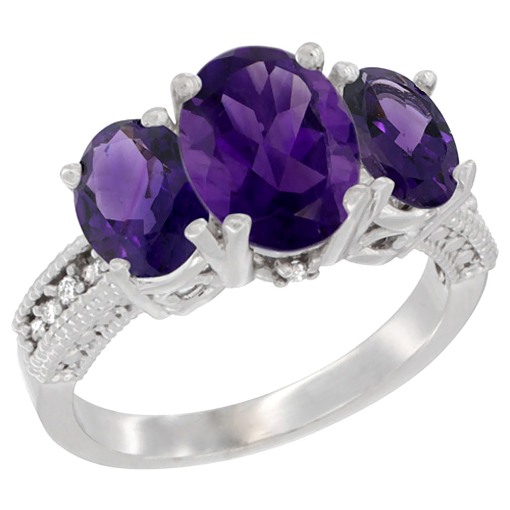 10K White Gold Diamond Natural Amethyst Ring 3-Stone Oval 8x6mm, sizes5-10