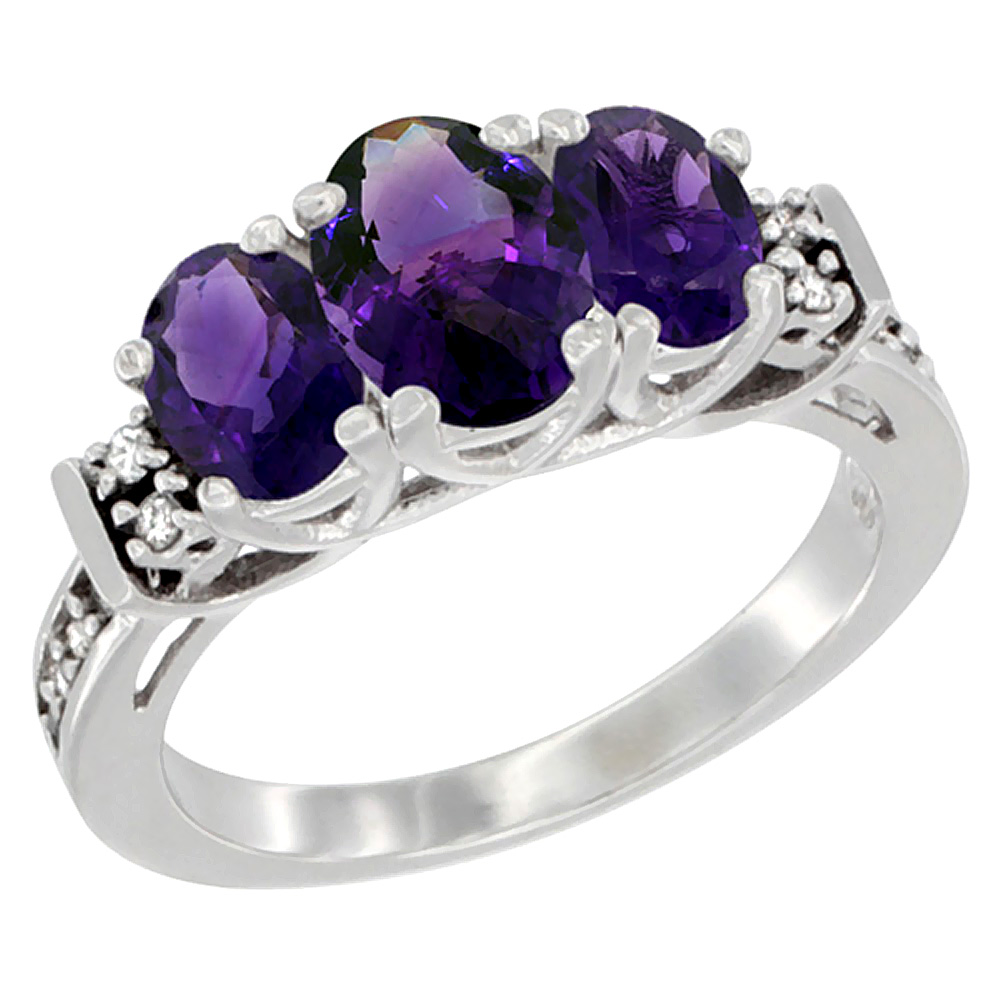 10K White Gold Natural Amethyst Ring 3-Stone Oval Diamond Accent, sizes 5-10