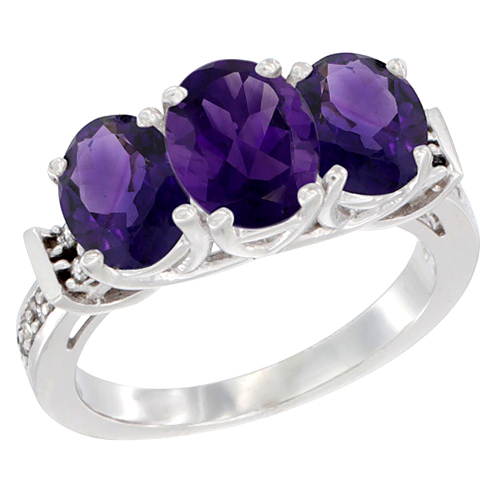 14K White Gold Natural Amethyst Ring 3-Stone Oval Diamond Accent, sizes 5 - 10