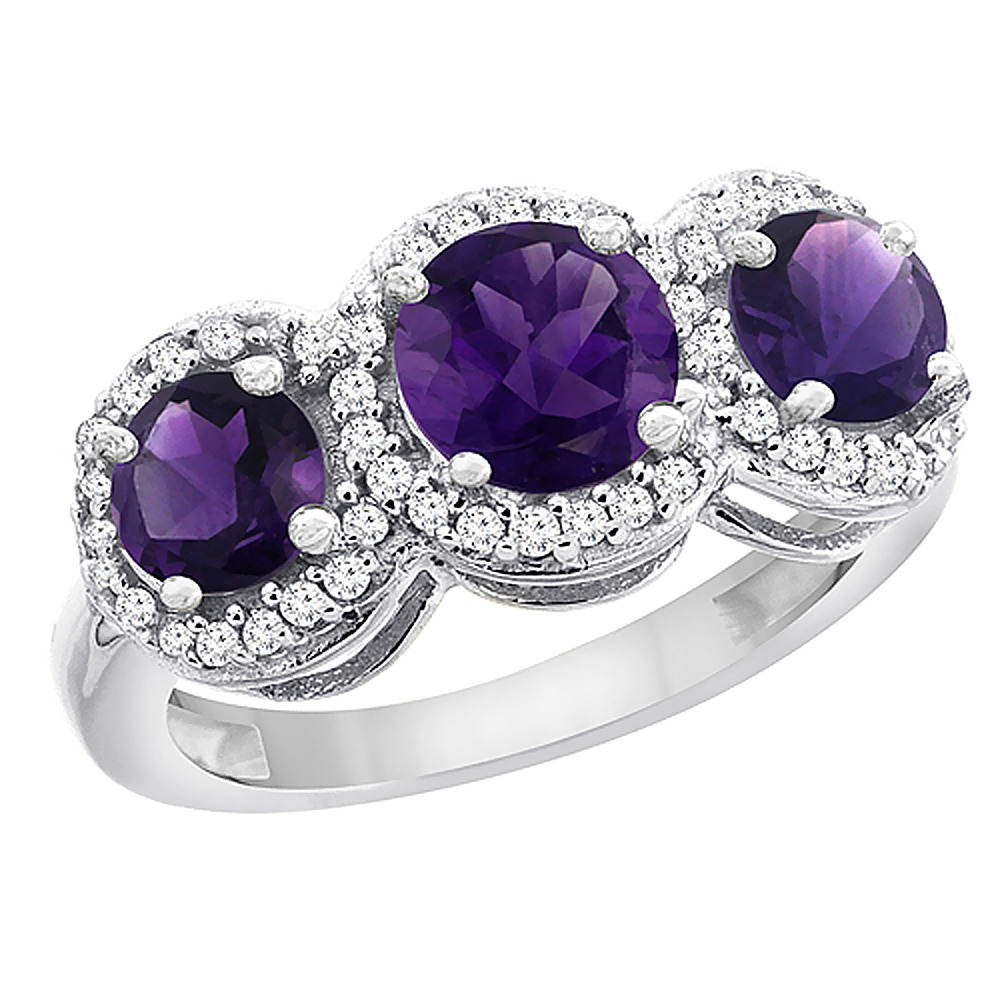 10K White Gold Natural Amethyst Round 3-stone Ring Diamond Accents, sizes 5 - 10