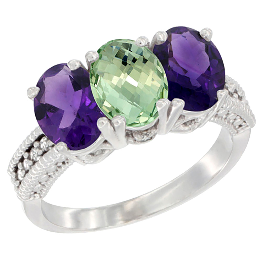 10K White Gold Natural Purple &amp; Green Amethysts Ring 3-Stone Oval 7x5 mm Diamond Accent, sizes 5 - 10