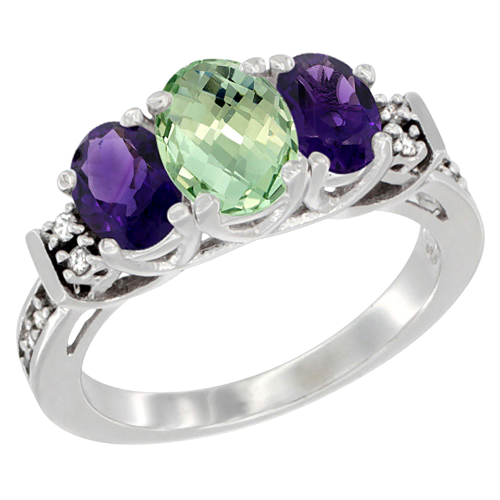 14K White Gold Natural Purple & Green Amethysts Ring 3-Stone Oval Diamond Accent, sizes 5-10