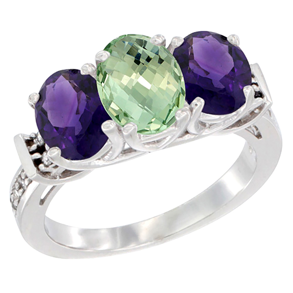 10K White Gold Natural Purple & Green Amethysts Ring 3-Stone Oval Diamond Accent, sizes 5 - 10