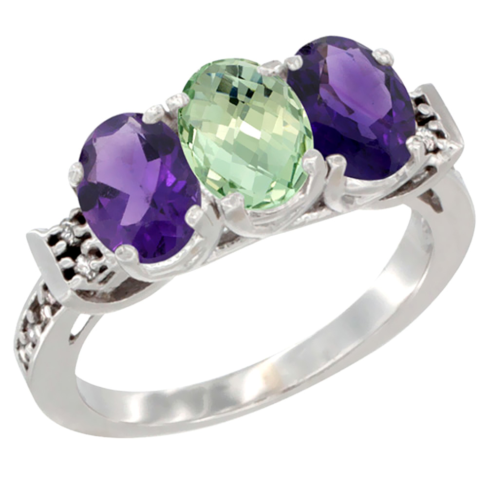 10K White Gold Natural Purple &amp; Green Amethysts Ring 3-Stone Oval 7x5 mm Diamond Accent, sizes 5 - 10