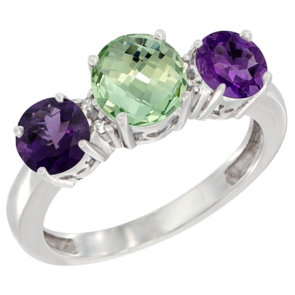 14K White Gold Round 3-Stone Natural Green Amethyst Ring &amp; Amethyst Sides Diamond Accent, sizes 5 - 10