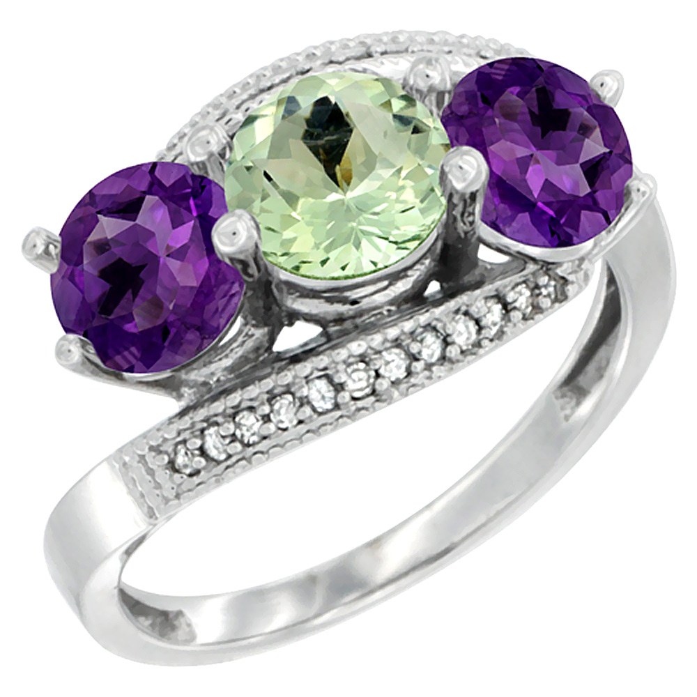 10K White Gold Natural Green & Purple Amethysts 3 stone Ring Round 6mm Diamond Accent, sizes 5 - 10