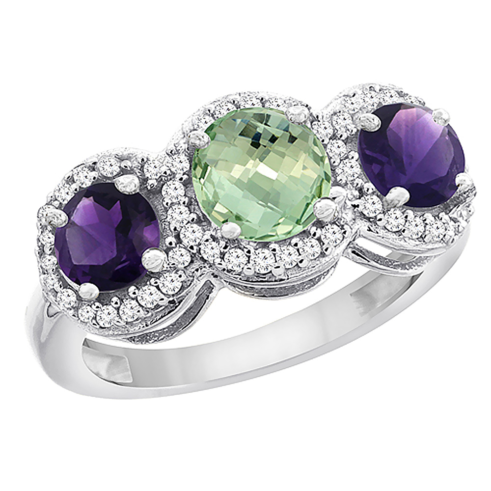 10K White Gold Natural Green Amethyst &amp; Amethyst Sides Round 3-stone Ring Diamond Accents, sizes 5 - 10