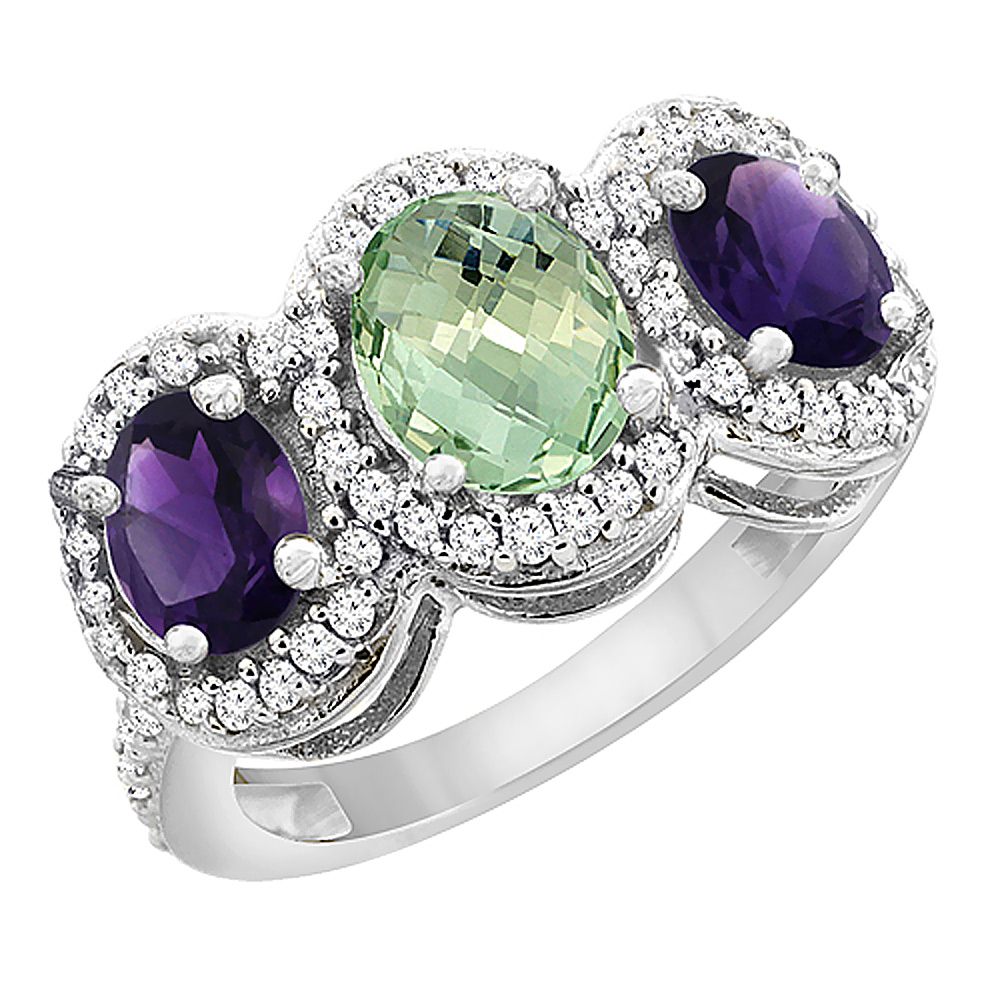 10K White Gold Natural Green Amethyst &amp; Purple Amethyst 3-Stone Ring Oval Diamond Accent, sizes 5 - 10
