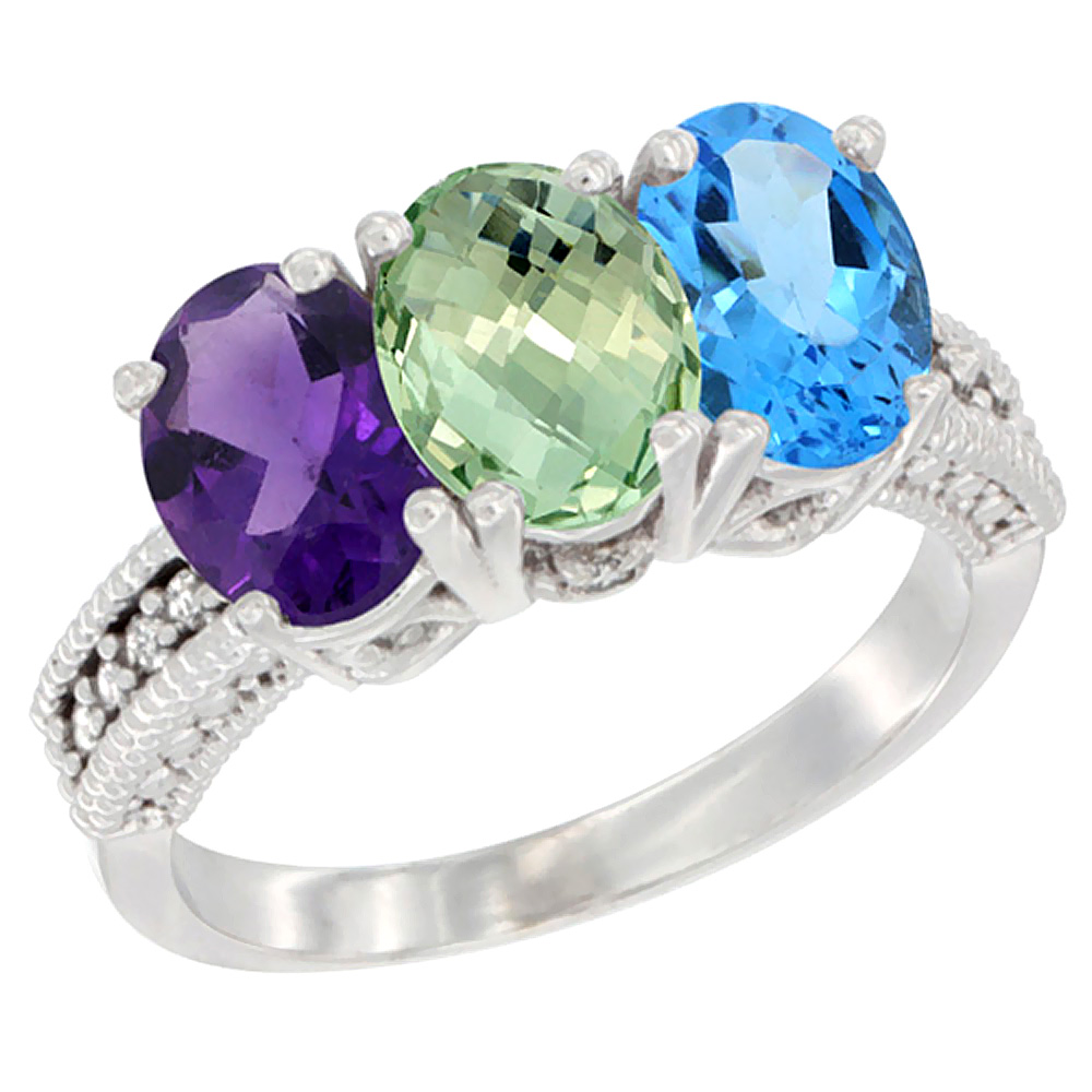 10K White Gold Natural Amethyst, Green Amethyst &amp; Swiss Blue Topaz Ring 3-Stone Oval 7x5 mm Diamond Accent, sizes 5 - 10