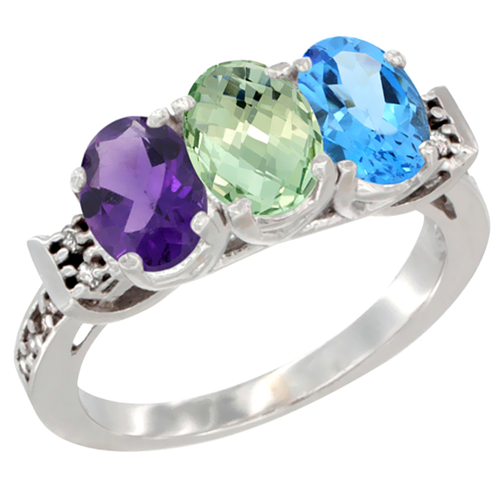 10K White Gold Natural Amethyst, Green Amethyst &amp; Swiss Blue Topaz Ring 3-Stone Oval 7x5 mm Diamond Accent, sizes 5 - 10
