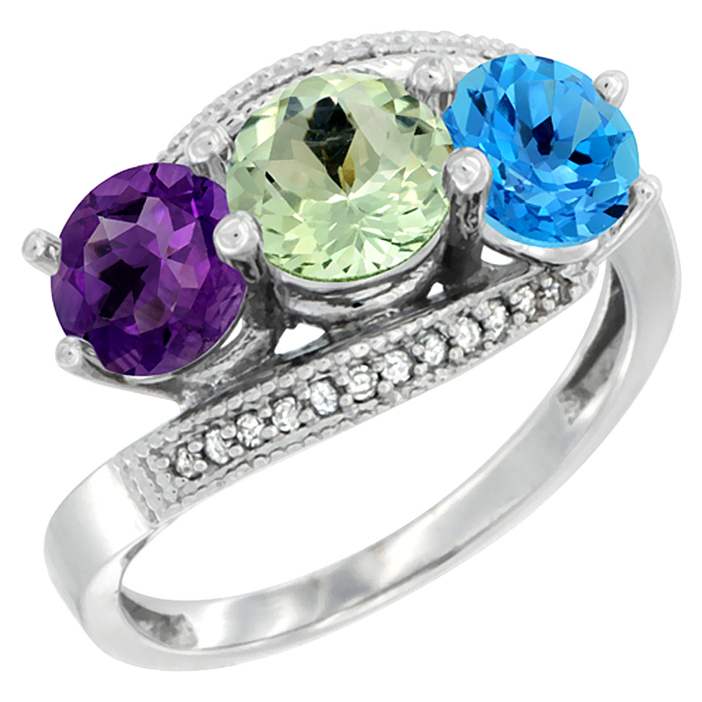 14K White Gold Natural Amethyst, Green Amethyst & Swiss Blue Topaz 3 stone Ring Round 6mm Diamond Accent, sizes 5 - 10