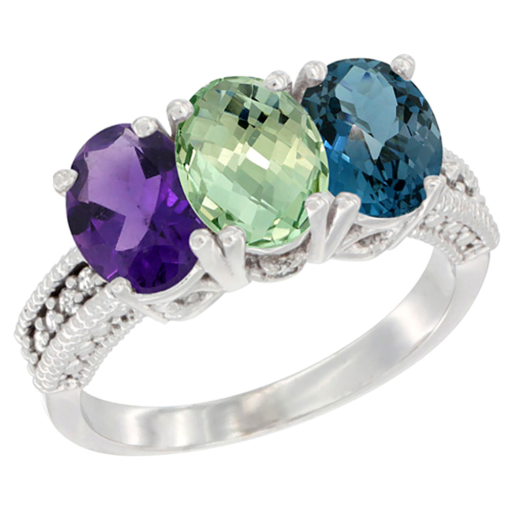 14K White Gold Natural Amethyst, Green Amethyst &amp; London Blue Topaz Ring 3-Stone 7x5 mm Oval Diamond Accent, sizes 5 - 10