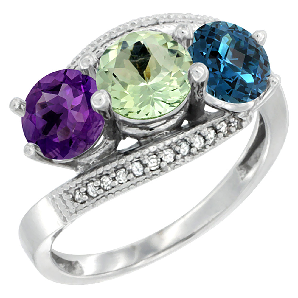 14K White Gold Natural Amethyst, Green Amethyst & London Blue Topaz 3 stone Ring Round 6mm Diamond Accent, sizes 5 - 10