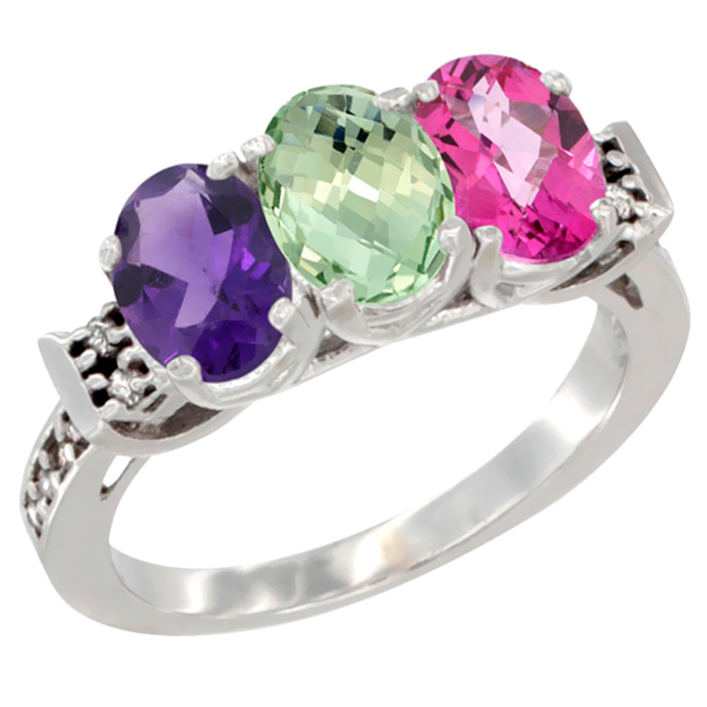 14K White Gold Natural Amethyst, Green Amethyst &amp; Pink Topaz Ring 3-Stone 7x5 mm Oval Diamond Accent, sizes 5 - 10