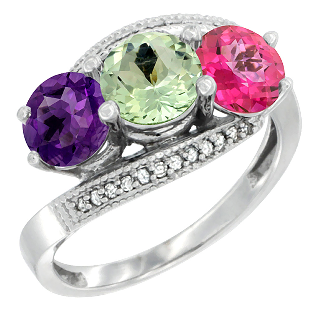 10K White Gold Natural Amethyst, Green Amethyst &amp; Pink Topaz 3 stone Ring Round 6mm Diamond Accent, sizes 5 - 10