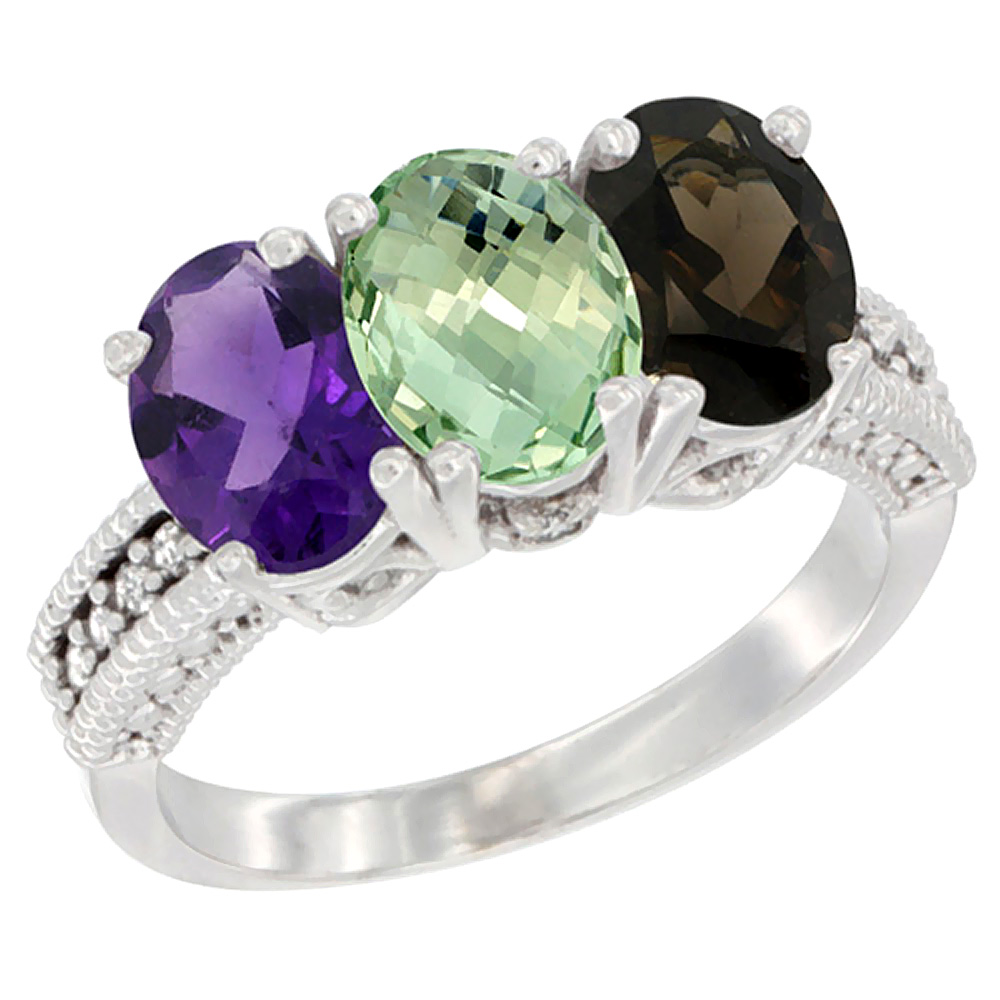 14K White Gold Natural Amethyst, Green Amethyst & Smoky Topaz Ring 3-Stone 7x5 mm Oval Diamond Accent, sizes 5 - 10