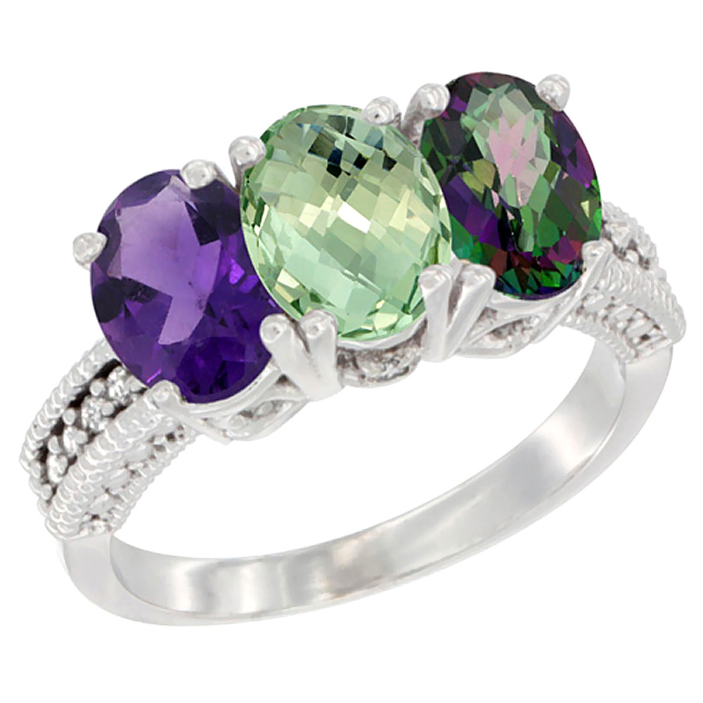 10K White Gold Natural Amethyst, Green Amethyst &amp; Mystic Topaz Ring 3-Stone Oval 7x5 mm Diamond Accent, sizes 5 - 10