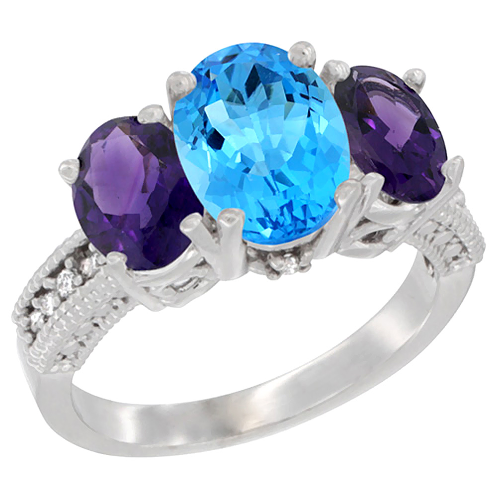 14K White Gold Diamond Natural Swiss Blue Topaz Ring 3-Stone Oval 8x6mm with Amethyst, sizes5-10