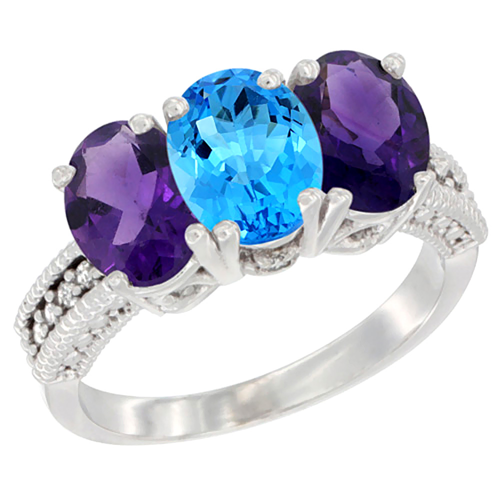 14K White Gold Natural Swiss Blue Topaz &amp; Amethyst Ring 3-Stone 7x5 mm Oval Diamond Accent, sizes 5 - 10