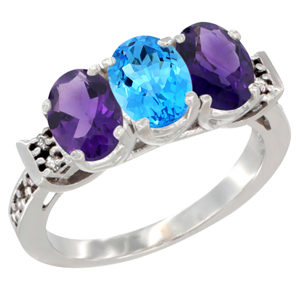 14K White Gold Natural Swiss Blue Topaz &amp; Amethyst Sides Ring 3-Stone 7x5 mm Oval Diamond Accent, sizes 5 - 10