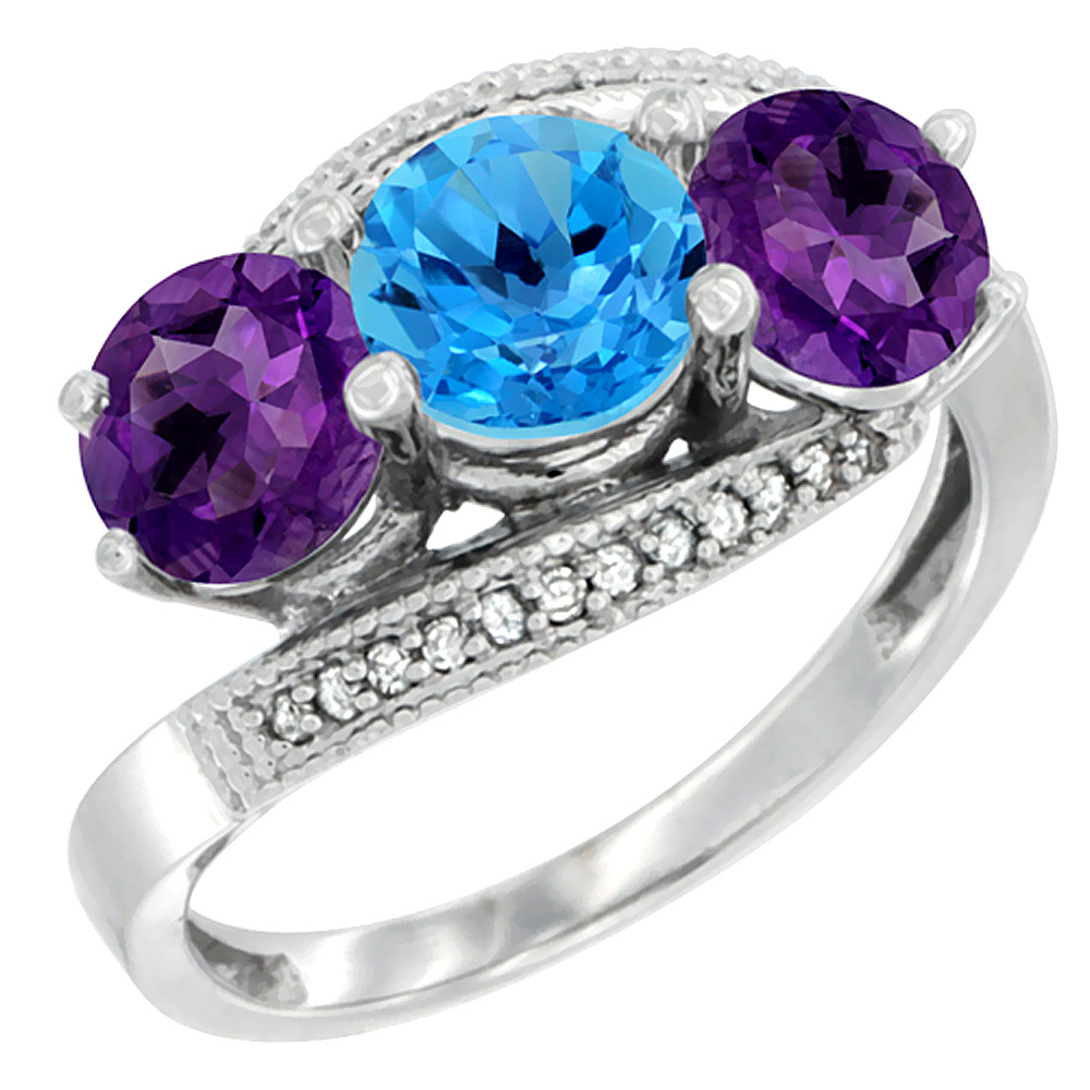 10K White Gold Natural Swiss Blue Topaz &amp; Amethyst Sides 3 stone Ring Round 6mm Diamond Accent, sizes 5 - 10