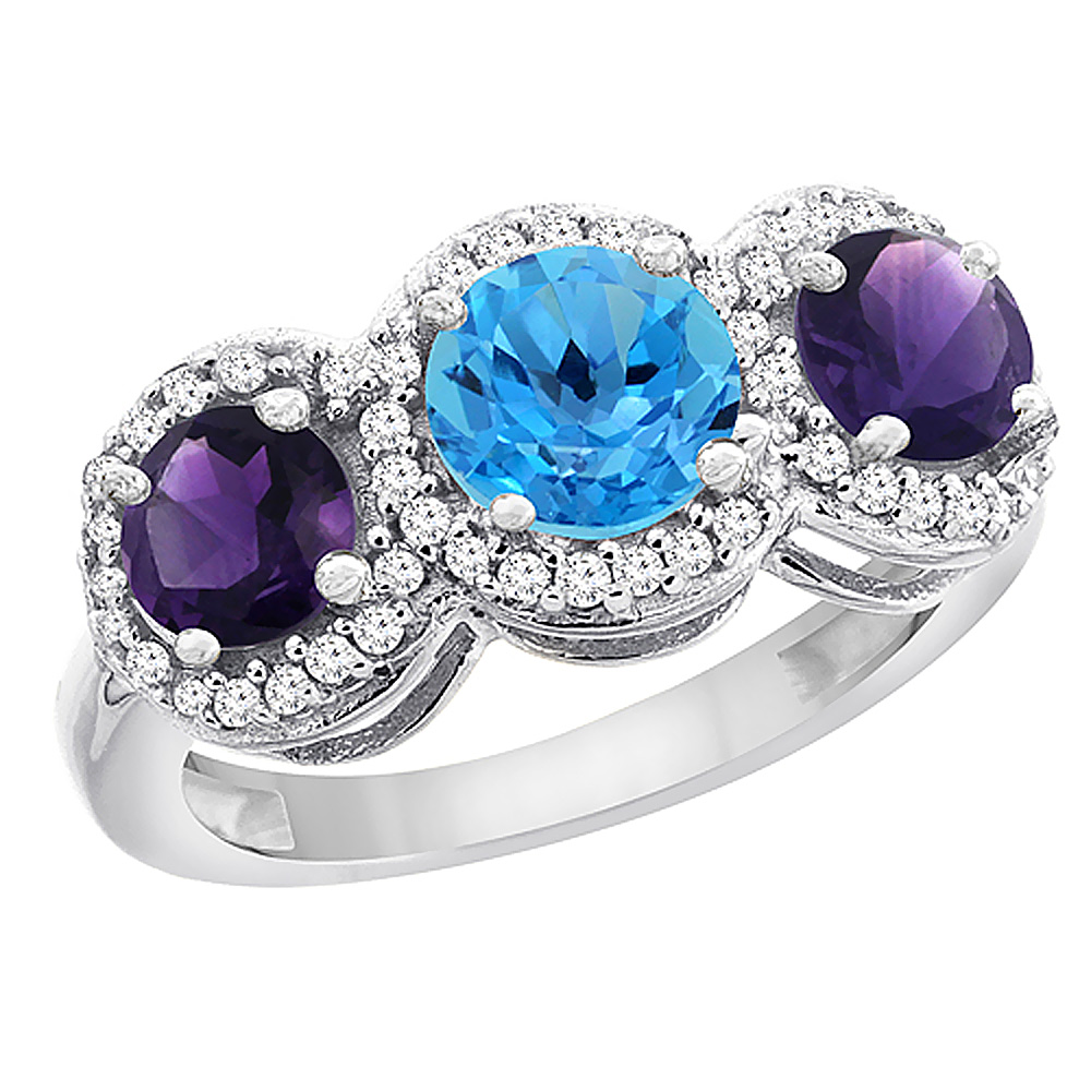 14K White Gold Natural Swiss Blue Topaz &amp; Amethyst Sides Round 3-stone Ring Diamond Accents, sizes 5 - 10