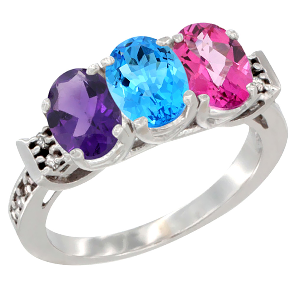 10K White Gold Natural Amethyst, Swiss Blue Topaz &amp; Pink Topaz Ring 3-Stone Oval 7x5 mm Diamond Accent, sizes 5 - 10