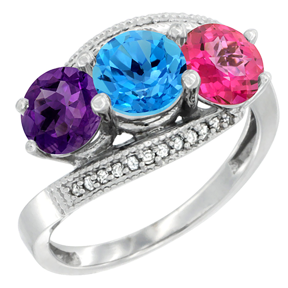 10K White Gold Natural Amethyst, Swiss Blue &amp; Pink Topaz 3 stone Ring Round 6mm Diamond Accent, sizes 5 - 10