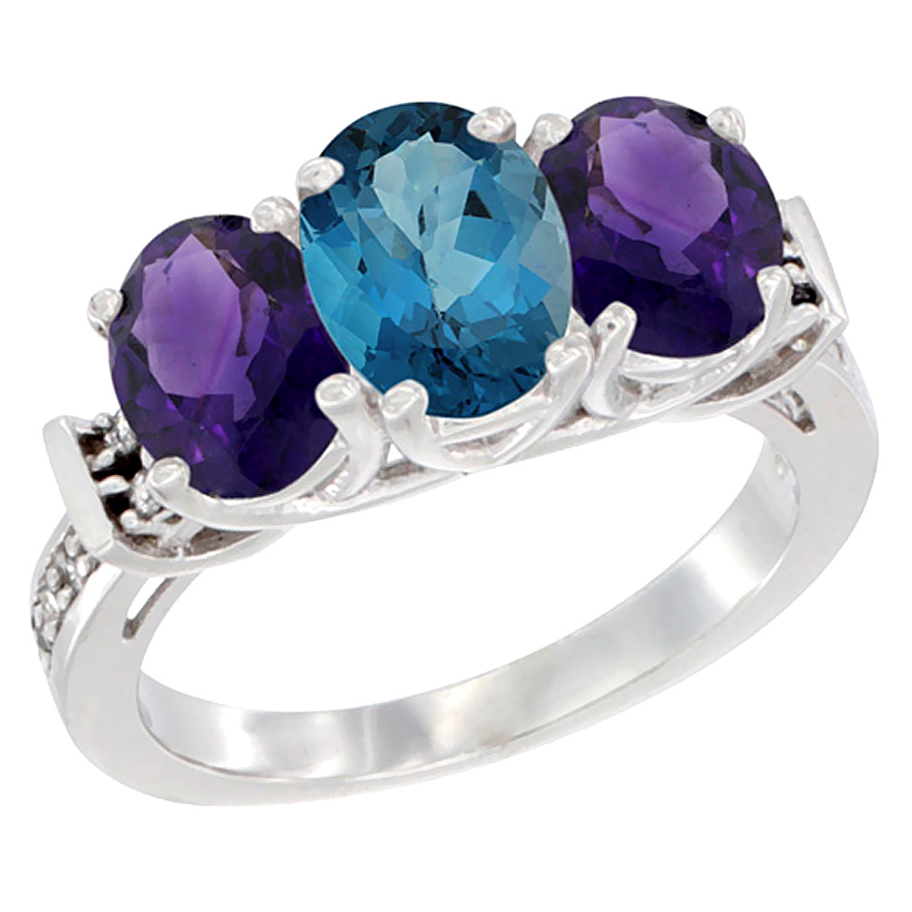 14K White Gold Natural London Blue Topaz &amp; Amethyst Sides Ring 3-Stone Oval Diamond Accent, sizes 5 - 10