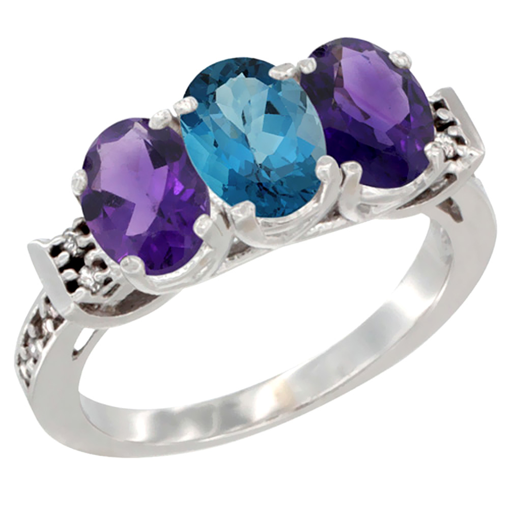 14K White Gold Natural London Blue Topaz &amp; Amethyst Sides Ring 3-Stone 7x5 mm Oval Diamond Accent, sizes 5 - 10