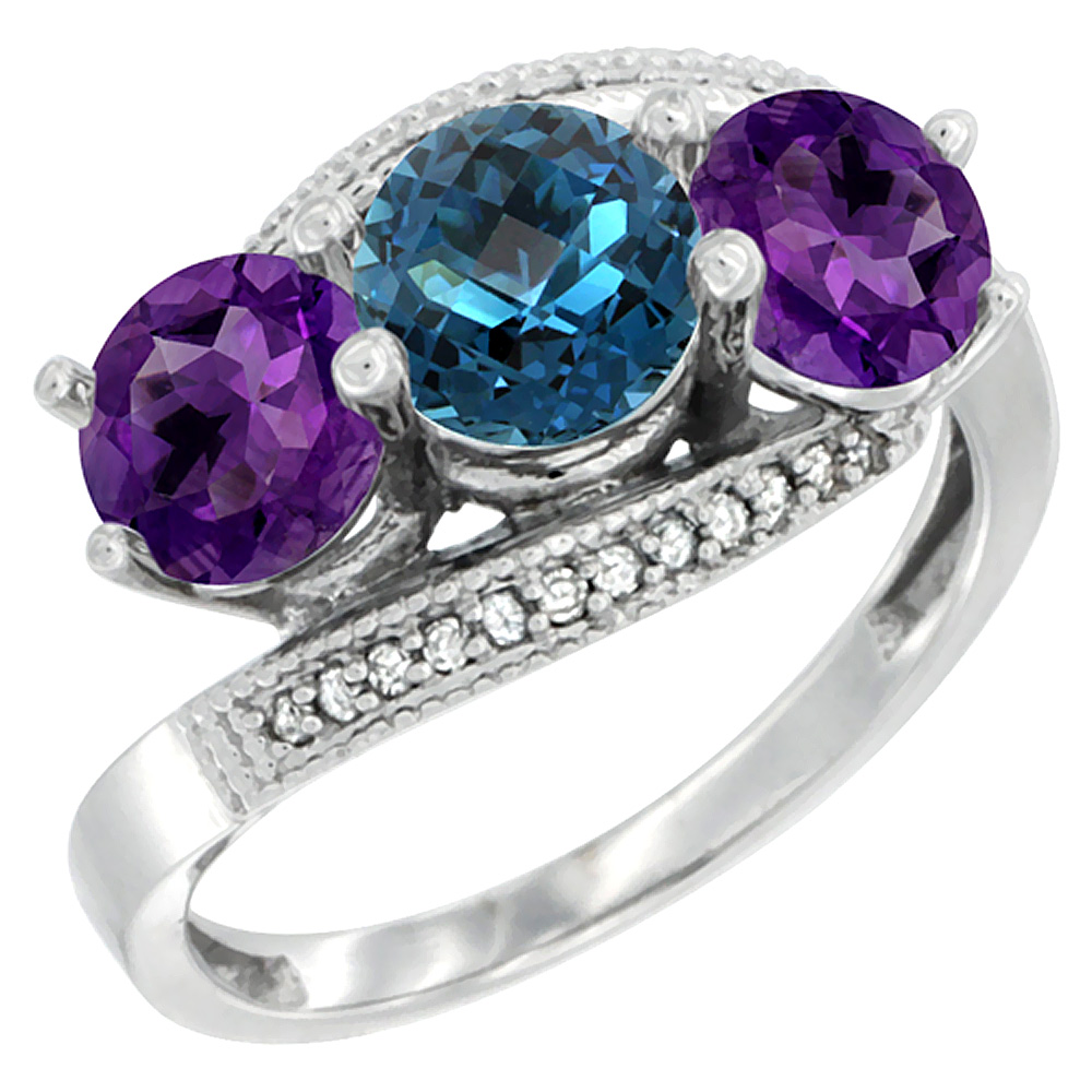 10K White Gold Natural London Blue Topaz &amp; Amethyst Sides 3 stone Ring Round 6mm Diamond Accent, sizes 5 - 10