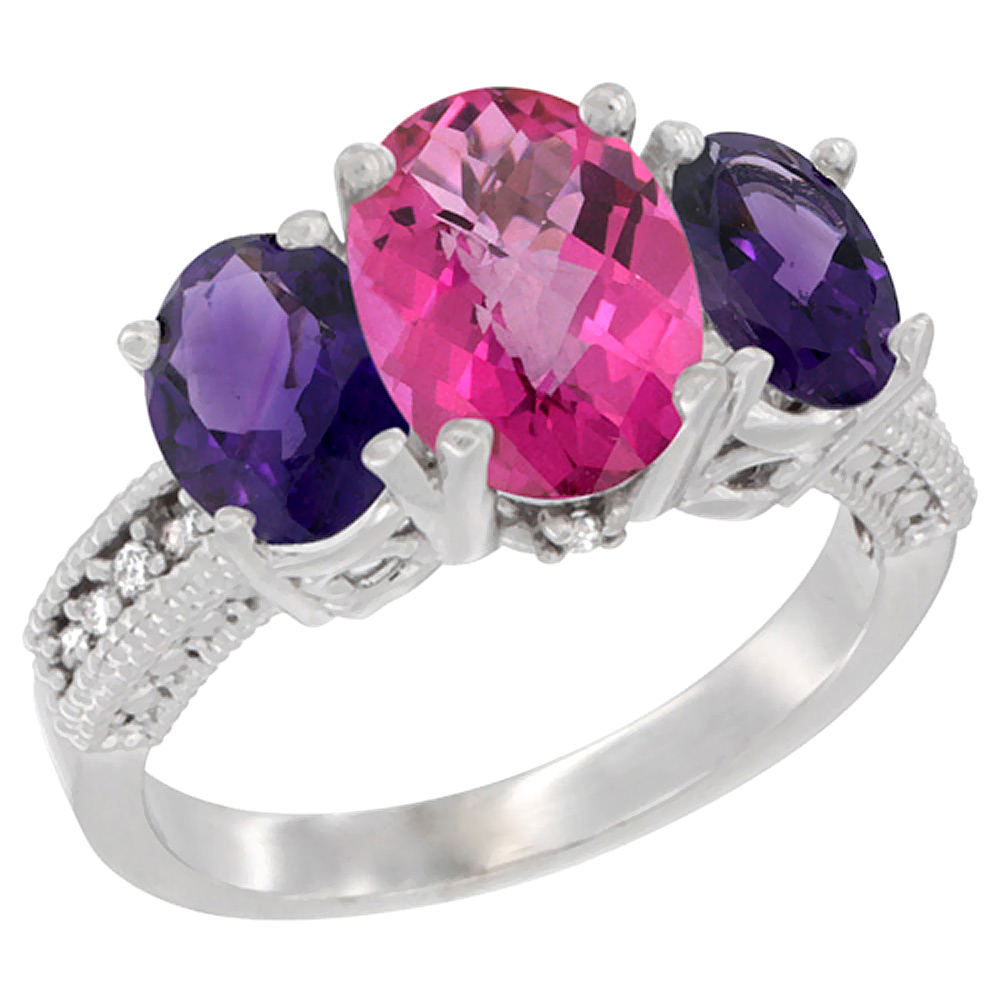 14K White Gold Diamond Natural Pink Topaz Ring 3-Stone Oval 8x6mm with Amethyst, sizes5-10