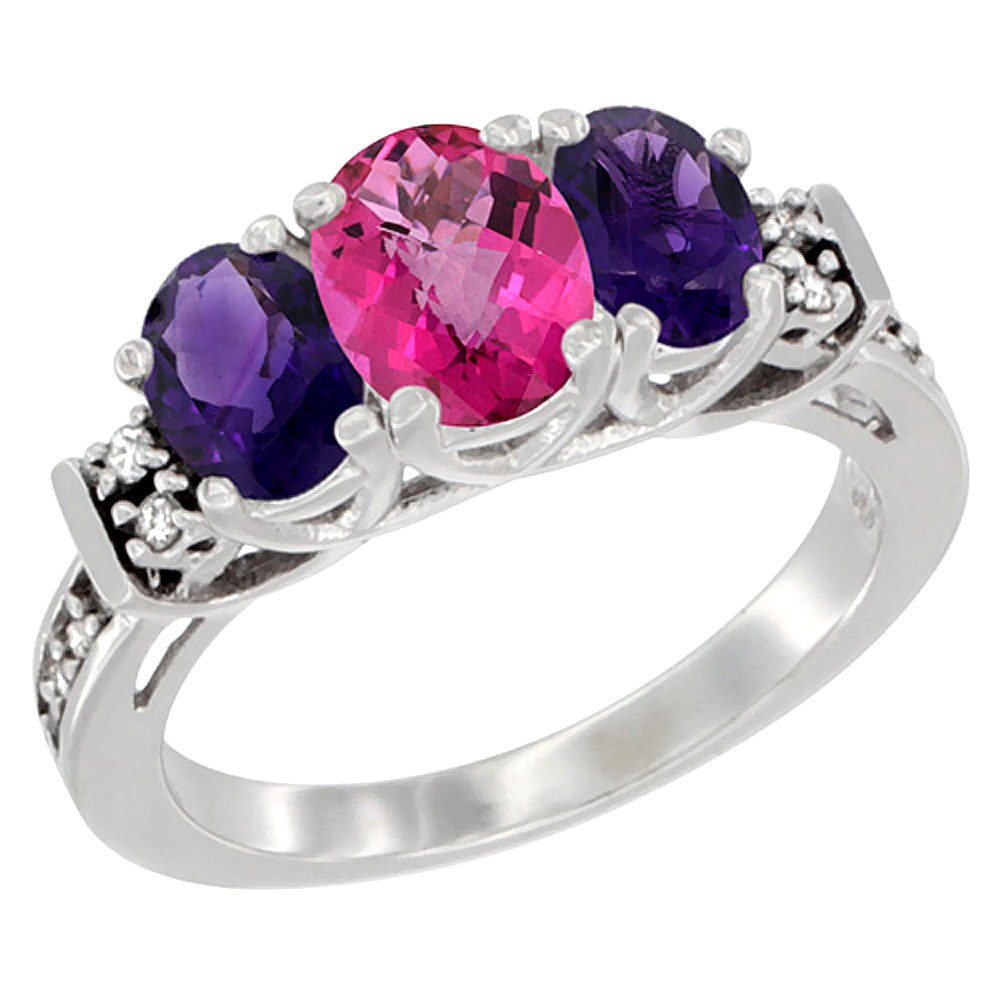 14K White Gold Natural Pink Topaz &amp; Amethyst Ring 3-Stone Oval Diamond Accent, sizes 5-10
