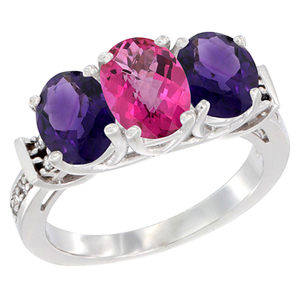 10K White Gold Natural Pink Topaz &amp; Amethyst Sides Ring 3-Stone Oval Diamond Accent, sizes 5 - 10