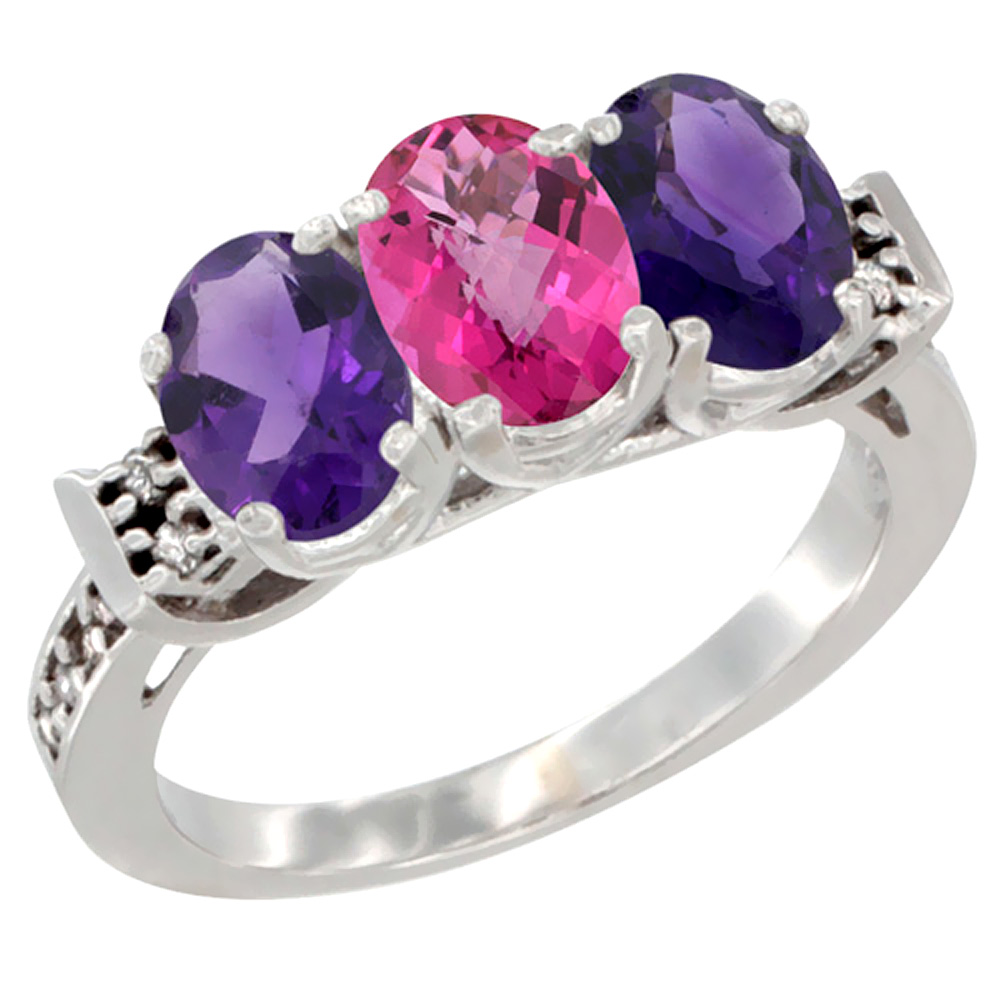 14K White Gold Natural Pink Topaz &amp; Amethyst Sides Ring 3-Stone 7x5 mm Oval Diamond Accent, sizes 5 - 10