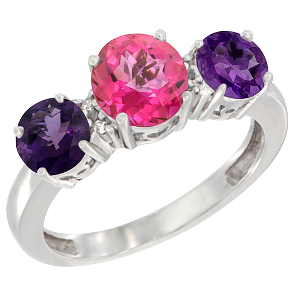 14K White Gold Round 3-Stone Natural Pink Topaz Ring &amp; Amethyst Sides Diamond Accent, sizes 5 - 10