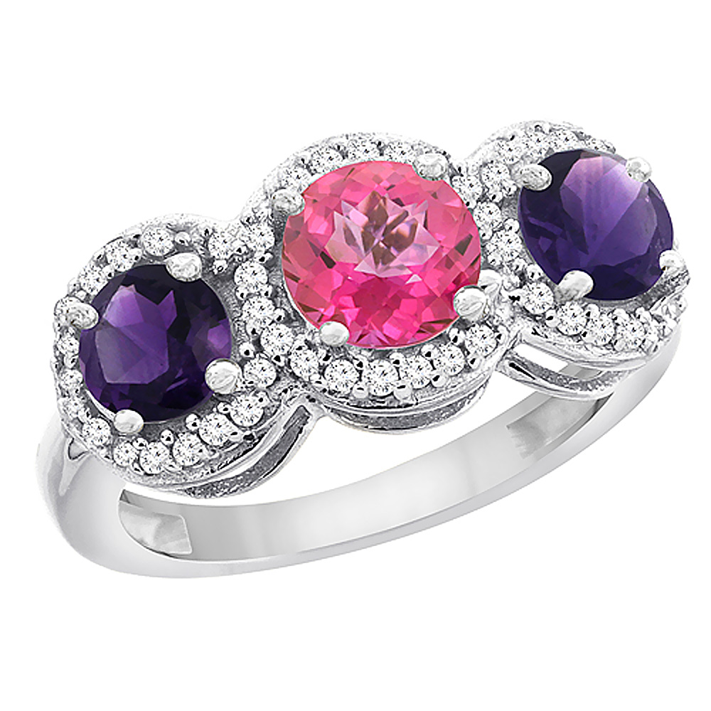 14K White Gold Natural Pink Topaz &amp; Amethyst Sides Round 3-stone Ring Diamond Accents, sizes 5 - 10