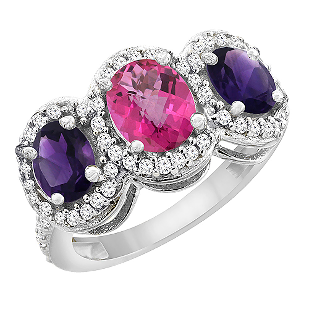 14K White Gold Natural Pink Topaz &amp; Amethyst 3-Stone Ring Oval Diamond Accent, sizes 5 - 10